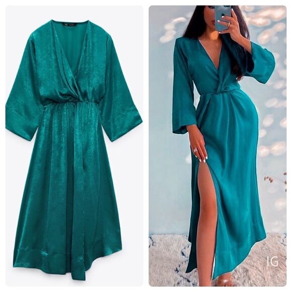 Zara Dresses & Skirts - Zara Flowy Satin Effect Midi Dress Green New